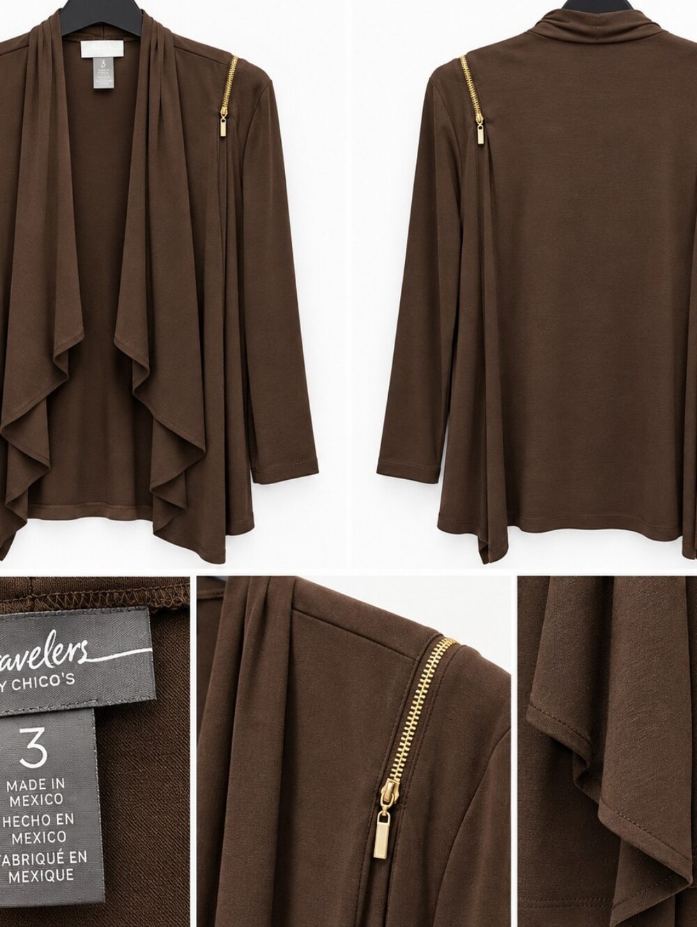 Chico’s Travelers Brown Draped Cardigan Jacket Size 3 Gold Zipper Detail
